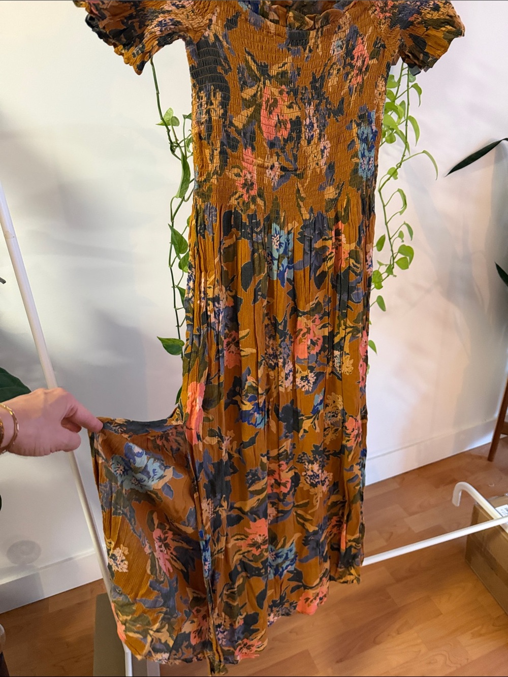 Kimchi Blue Mustard Floral Maxi Dress with Blue and Pink Accents - Picture 3 of 6